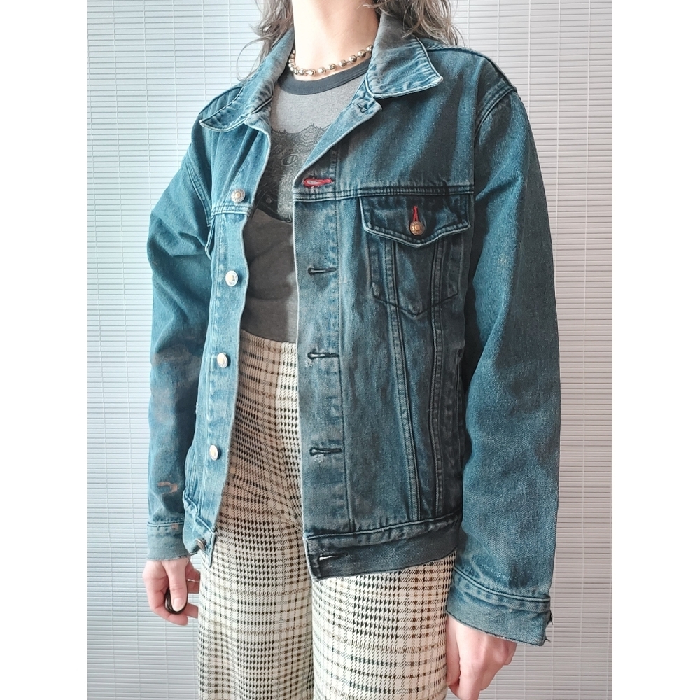 Vintage Denim Jean Jacket Large Trucker 90s Reliq Distressed Dark Wash